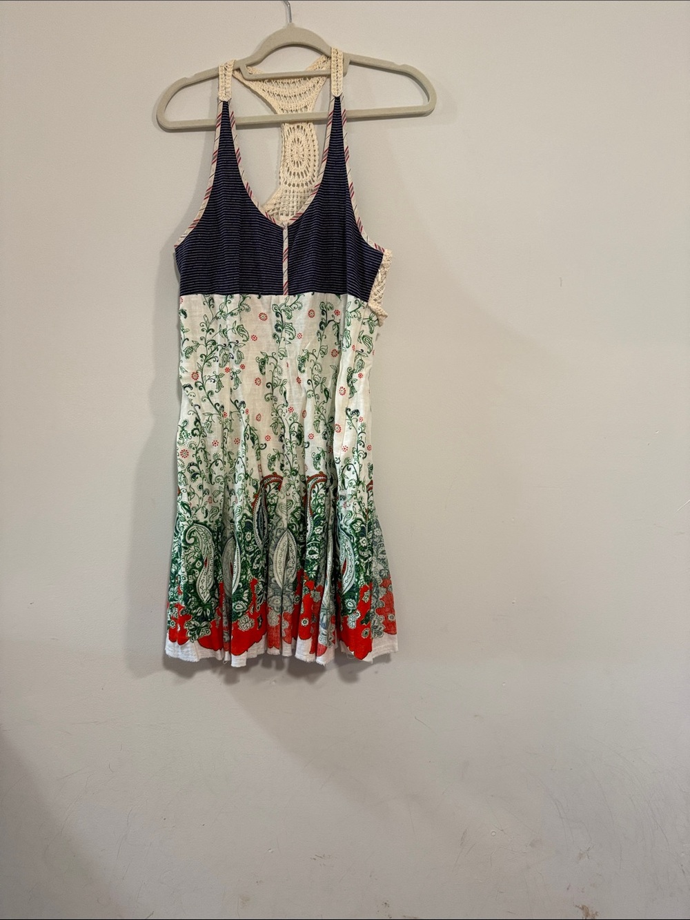 Free People Heartland Paisley Navy Bodice Green Floral Dress with Red Hem